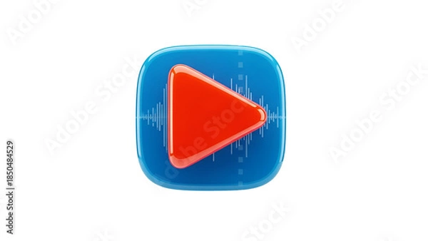 Fototapeta Glossy 3D Play Button Icon with Audio Waveform, Isolated on Transparent Background