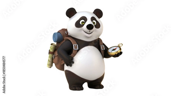 Fototapeta 3D Cartoon Panda Explorer with Backpack and Compass, Isolated on Transparent Background
