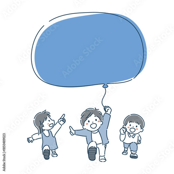 Obraz 風船の吹き出しを持って笑顔で走っている可愛い子供達のシンプルなイラスト素材