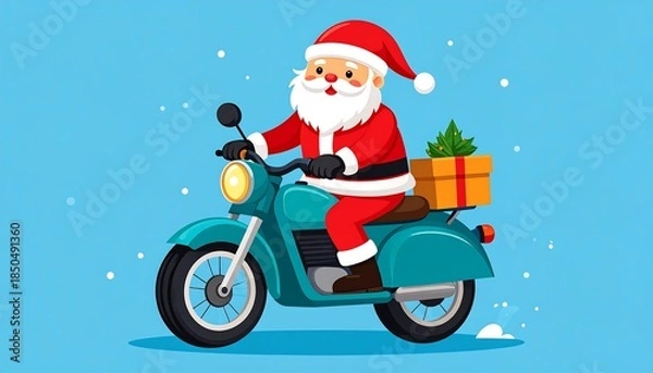 Fototapeta Animated Santa Claus, in festive attire, rides a turquoise motorcycle carrying a gift box topped with a small Christmas tree. Snowflakes gently fall