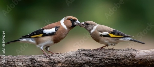 Fototapeta Two Birds Touching Beaks on Branch in Natural Light