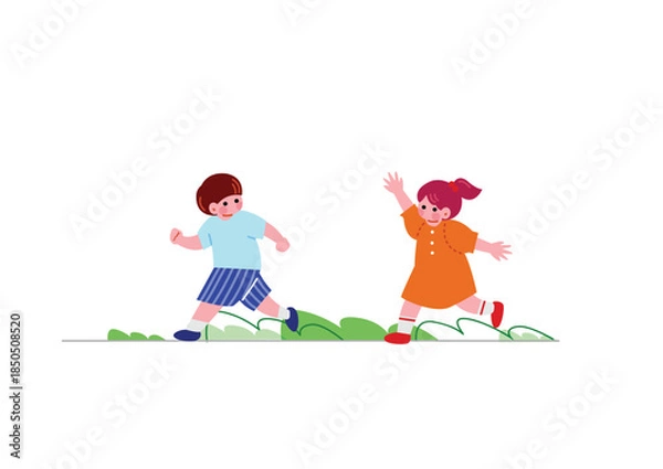 Fototapeta 楽しそうにお友達と走る子供のイラスト