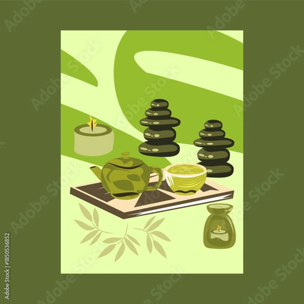 Obraz Zen Spa Tea Background with Stones and Green Elements  