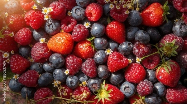 Obraz Vibrant mix of fresh strawberries, blueberries, and raspberries with small white flowers