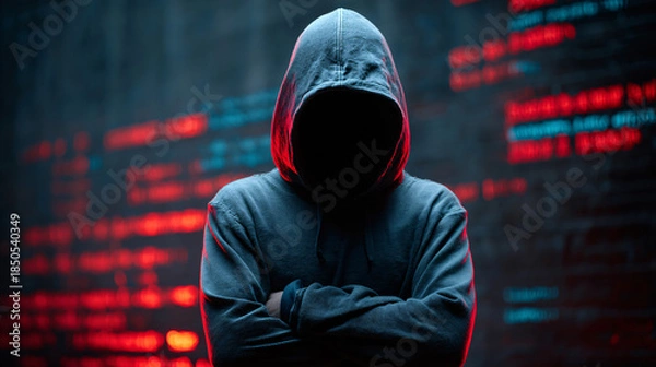 Obraz Hooded hacker figure with red binary code overlay cybercrime technology threat