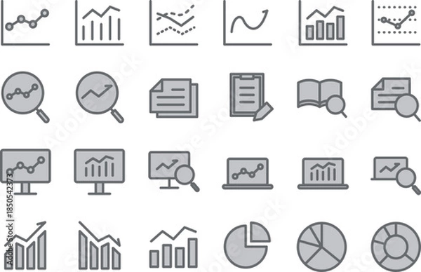 Obraz データ分析・調査のシンプルな黒い線画のグレーのアイコンセット