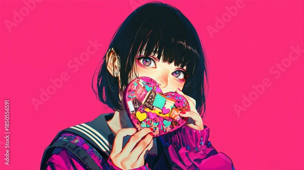 Obraz ハートのチョコレートを持つ若い女性