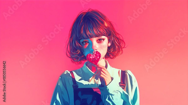 Obraz ハートのチョコレートを持つ若い女性