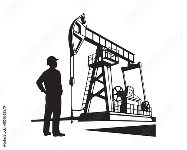 Obraz Oil Pump Jack and Engineer Silhouette Vector Illustration