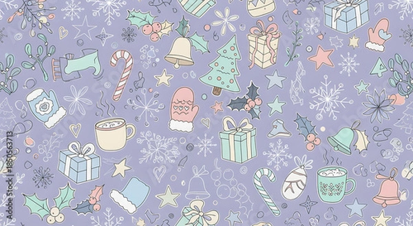 Obraz Festive holiday pattern with gifts decorations and winter elements