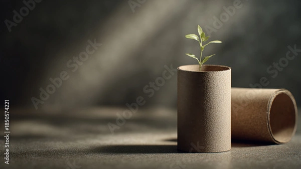Fototapeta A plant sprouting from a recycled tube, symbolizing growth and sustainability