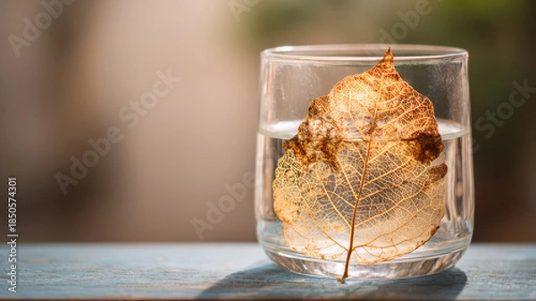Fototapeta A leaf preserved within a clear glass of water, highlighting nature's fragile beauty. The glass sits on a blue surface, capturing the delicate detail of the leaf