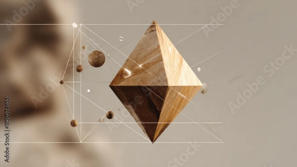 Fototapeta Geometric wooden structure and floating elements against a blurred backdrop, emphasizing spatial relationships and interconnectedness.