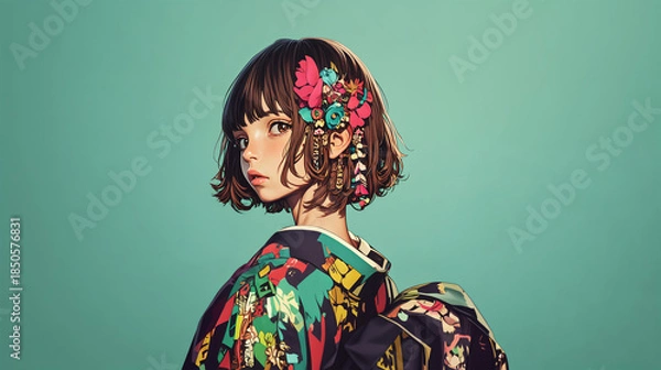 Obraz 着物を着た若い女性