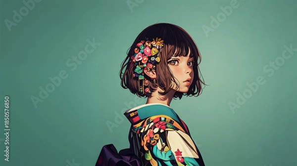 Obraz 着物を着た若い女性