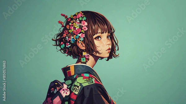 Obraz 着物を着た若い女性