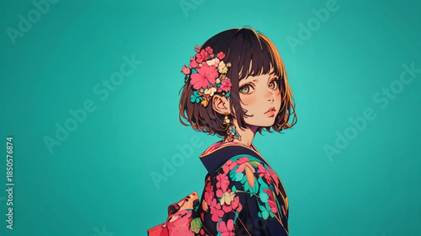 Obraz 着物を着た若い女性