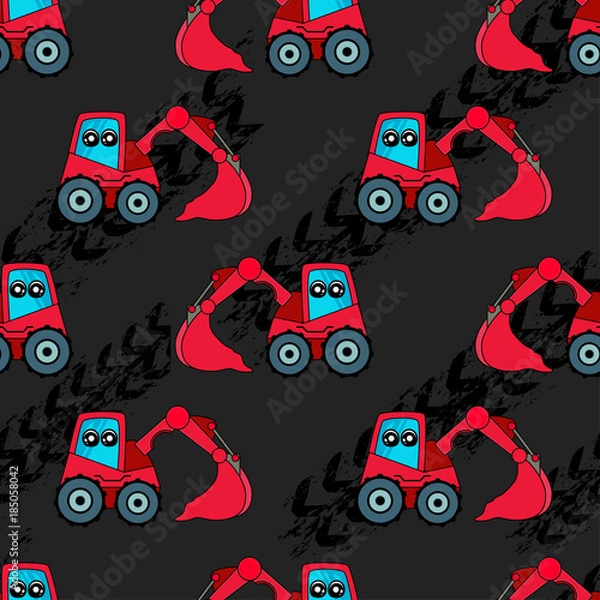 Fototapeta Cute kids car, tractor pattern for girls and boys. Colorful car, auto, tractor on the abstract bright background create a fun cartoon drawing. Urban pattern for textile and fabric, kids. Neon color