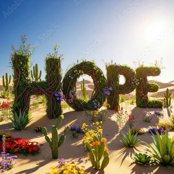 Fototapeta Hope word made of intertwined tree roots and green foliage growing in desert sand with flowers and cacti under blue sky.