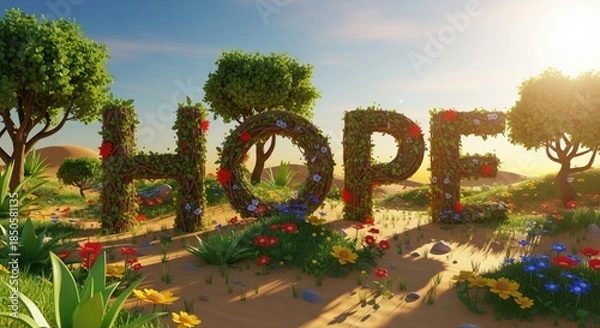 Fototapeta Hope Word Formed From Lush Green Plants in Sunny Nature Landscape, symbolizing optimism, growth, sustainability.