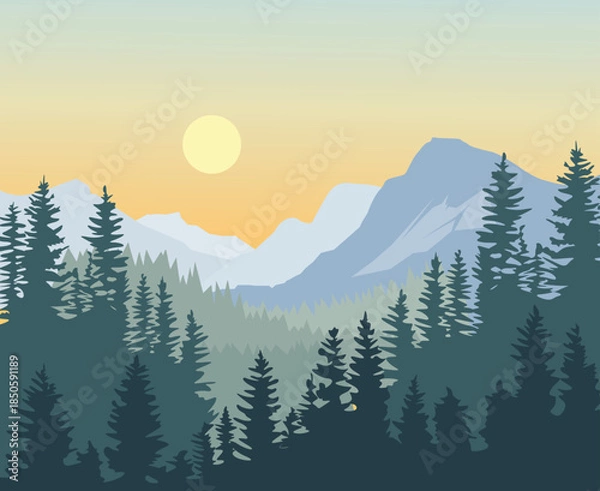 Obraz winter mountain with trees landscape illustration