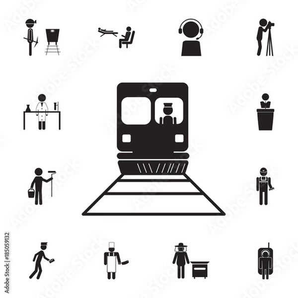 Fototapeta Train driver, drives a train icon. Set of professions disasters icons. Signs and symbols collection, simple icons for websites, web design, mobile app, info graphics
