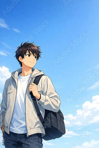 Obraz 空を見上げる若い男性のアニメ風イラスト。前向きで未来を感じる新生活・進学・キャリア素材