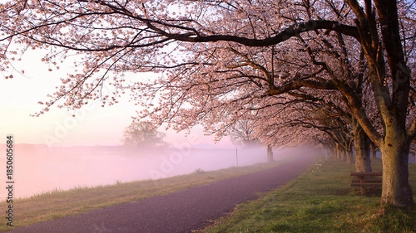 Obraz 宇都宮市　鬼怒川の石井桜堤と川霧