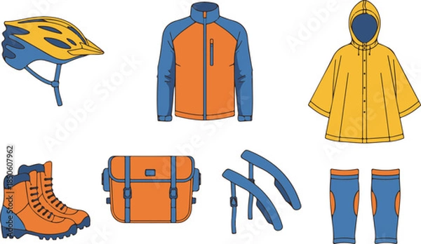 Obraz Assortment of yellow and blue cycling gear including helmet jacket boots and bag bicycle equipment