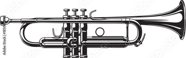 Obraz Black silhouette of a trumpet on a white background Keywords: trumpet, musical instrument, brass, instrument, music, sound, melody, orchestra