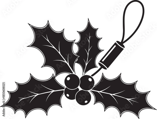Obraz Black silhouette of holly leaves with berries and a hanging loop on white background Keywords: Christmas, holly, leaves, berries, mistletoe, plant