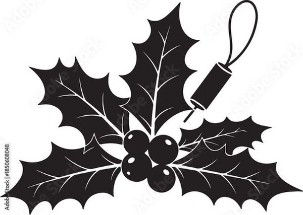 Obraz Black Silhouette of Holly Sprig with Hanging Loop christmas decoration