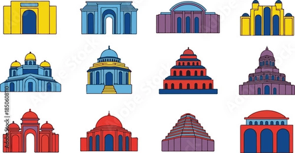 Fototapeta Collection of Stylized Colorful Buildings with Arches and Domes architecture structures