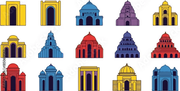Fototapeta Collection of colorful stylized building icons with varied architectural designs architecture symbol