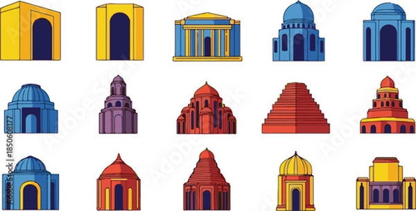 Fototapeta Grid of Diverse Stylized Buildings with Arches and Domes in Color architecture structures