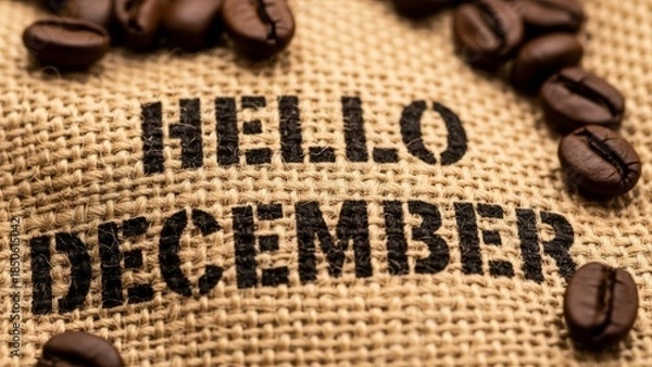 Obraz Hello December Coffee Beans and Burlap Texture Background.