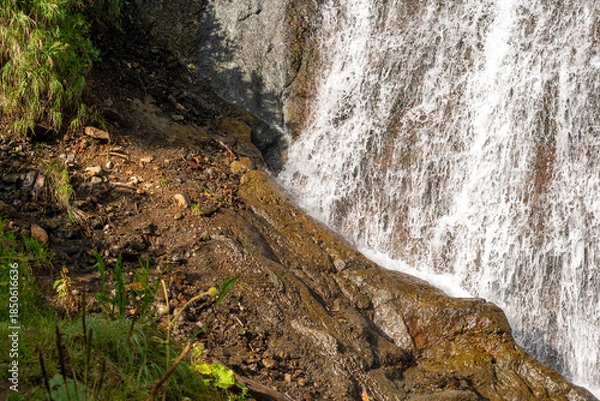 Obraz A rushing waterfall flows over rocks at its base, creating foam and spray