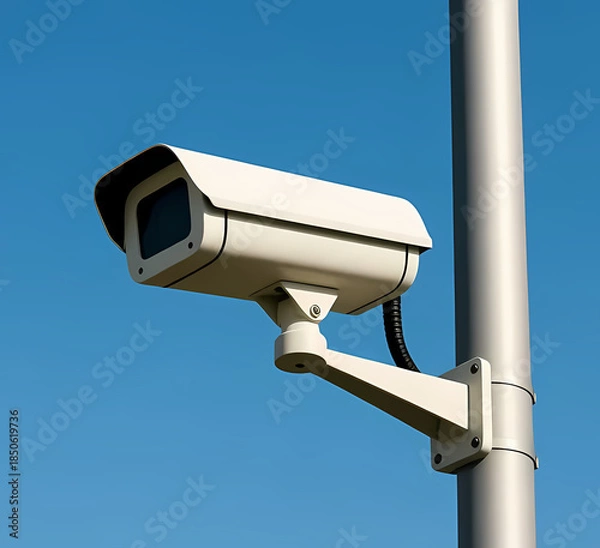 Obraz Public CCTV camera mounted on pole, clean sky background