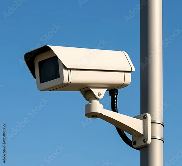 Obraz Public CCTV camera mounted on pole, clean sky background
