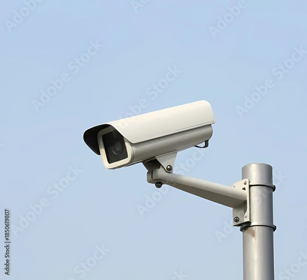 Obraz Public CCTV camera mounted on pole, clean sky background