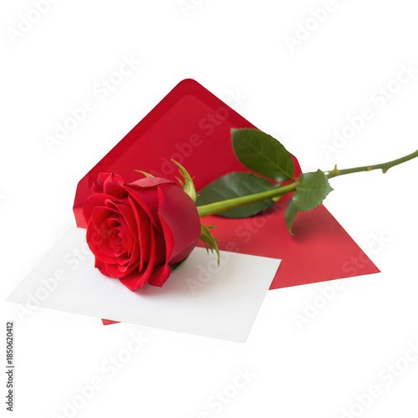 Obraz Single red rose on a white envelope isolated on transparent background