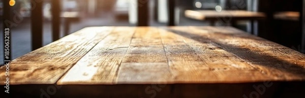 Obraz Rustic Wooden Table with Sunlight Streaming in Cafe Interior