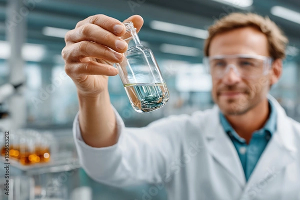 Obraz Chemist carefully inspects clear liquid glass vial. Researcher works with experimental fluid modern laboratory, expressing focus and dedication to
