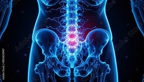 Fototapeta Glowing blue human pelvis and spine with highlighted sciatic nerves
