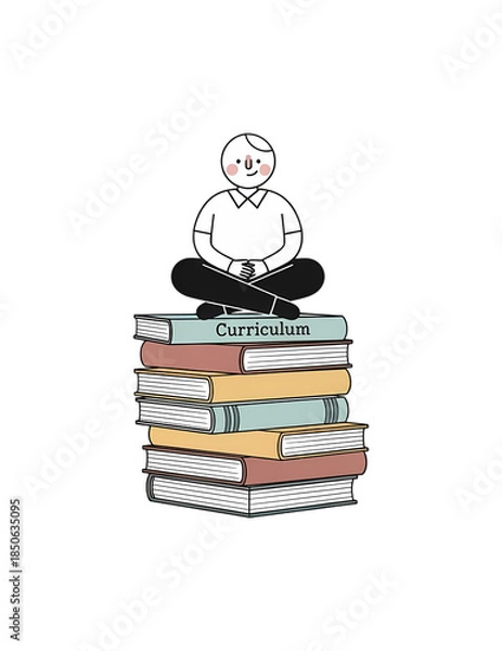 Obraz 本の山に座る人物のイラスト