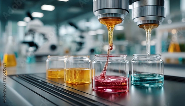 Obraz Futuristic robotic laboratory device analyzing liquid sample. Automation technology streamlines science research and experiment, promising