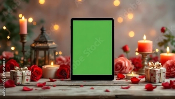 Obraz Valentine’s Day Tablet Mockup with Green Screen, Romantic Roses and Candle Background