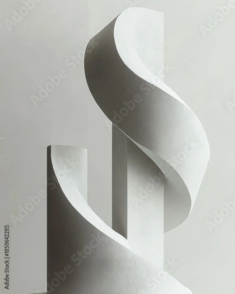 Fototapeta minimalist white concrete sculpture of spiral ribbons wrapping two tall rectangular pillars, elegant and serene geometric forms in soft light