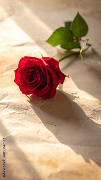 Obraz Single red rose casting soft shadow background