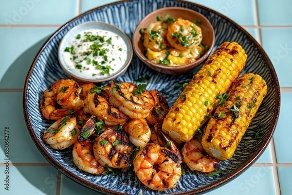 Fototapeta grilled shrimp and charred corn on the cob with two dipping sauces on a blue patterned plate, garnished with chopped parsley, a mouthwatering summer barbecue feast